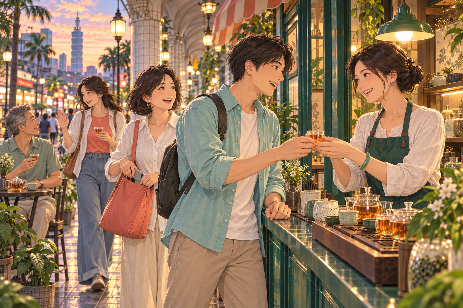 夕暮れのお茶の店で、若い旅人が店員からお茶を受け取り、世代の違う人たちが笑顔で過ごしている。