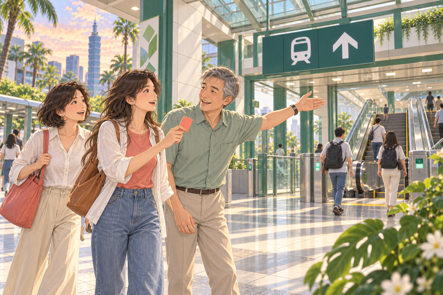 台湾の駅への到着を思い描いた、旅行者たちのイラスト。