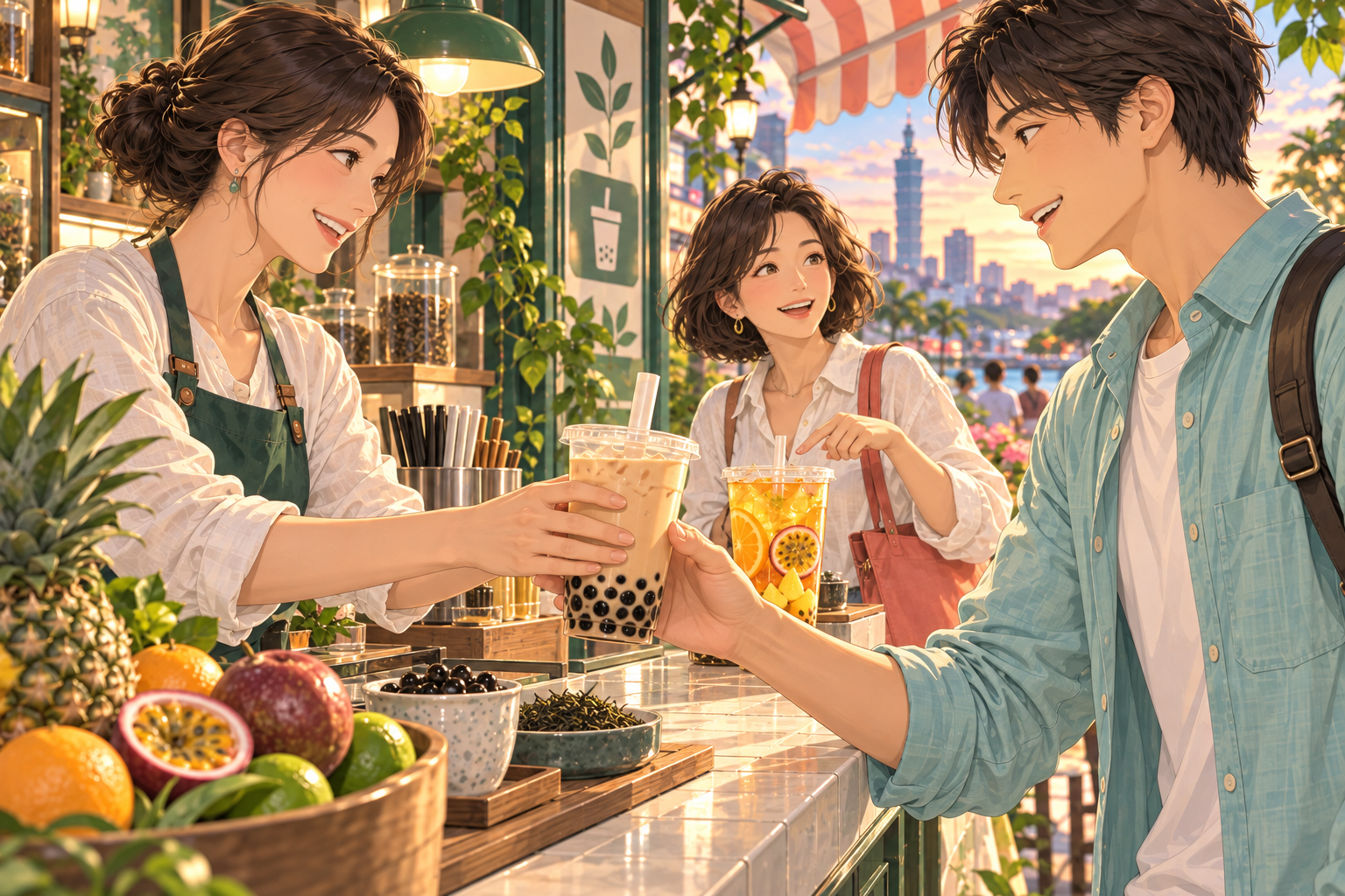 お茶の店で、店員が旅人にタピオカミルクティーを渡し、隣の旅人がフルーツティーを持っている。